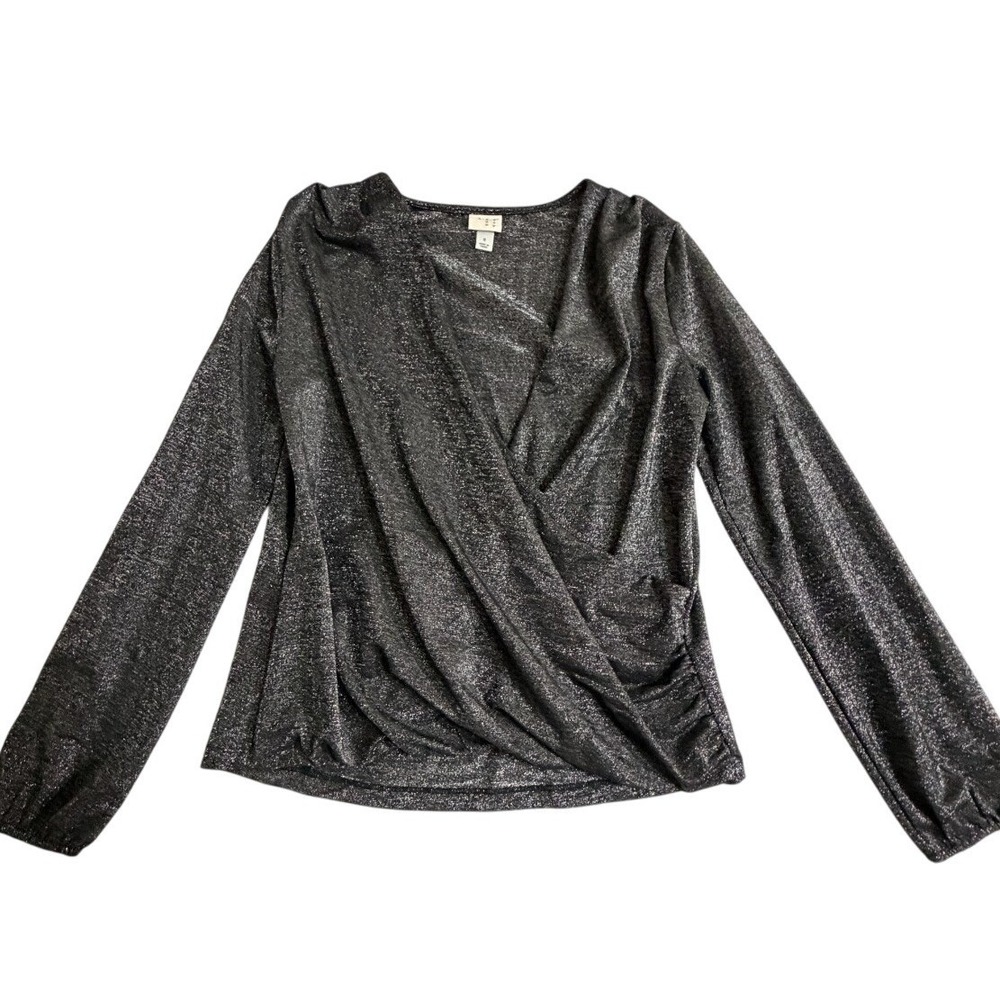 NWT Womens‎ Black Sparkle Wrap Long Sleeve Top Size S Party Disco Surplice